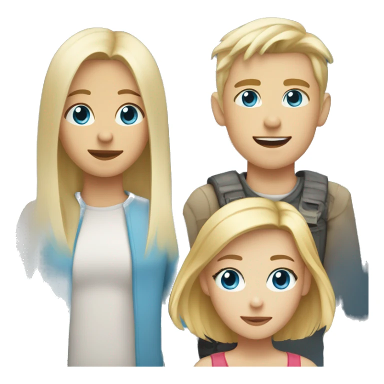 two blonds boys with blue eyes, one short and one tall next to a brunette girl with brown eyes of medium height sticker