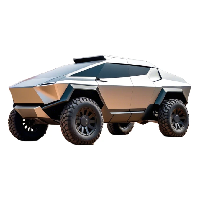 Tesla Cybertruck - A futuristic Tesla Cybertruck, angular and geometric with a sharp, triangular body shape. Stainless steel exoskeleton with a raw, unpainted, brushed-metal finish. A sleek, narrow LED light bar stretches across the entire front. Large, rugged off-road tires with exposed wheel arches. Smooth, handle-free doors and a slanted, armored rear with a retractable tonneau cover. Rear LED strip mirroring the front. The vehicle looks like a sci-fi-inspired, bulletproof stealth tank on wheels, set in a high-tech urban environment at sunset, with reflections on its metallic surface. sticker