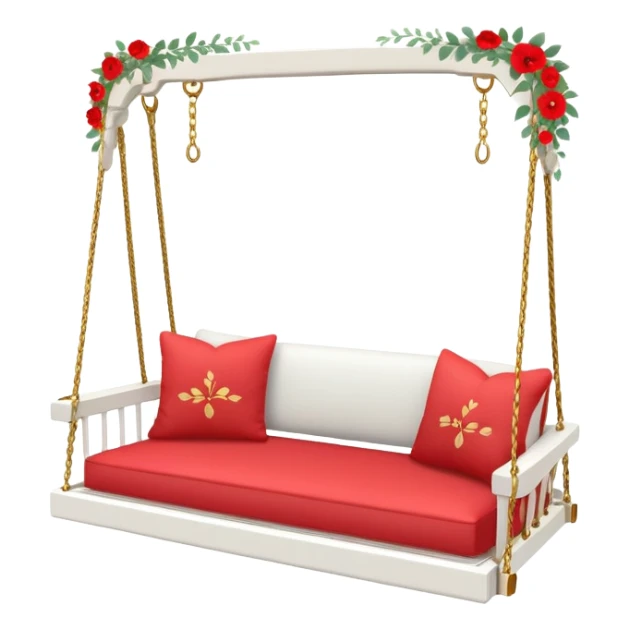 Romantic white wooden pastel-red cushions couch-swing with tiny gold flowers around sticker