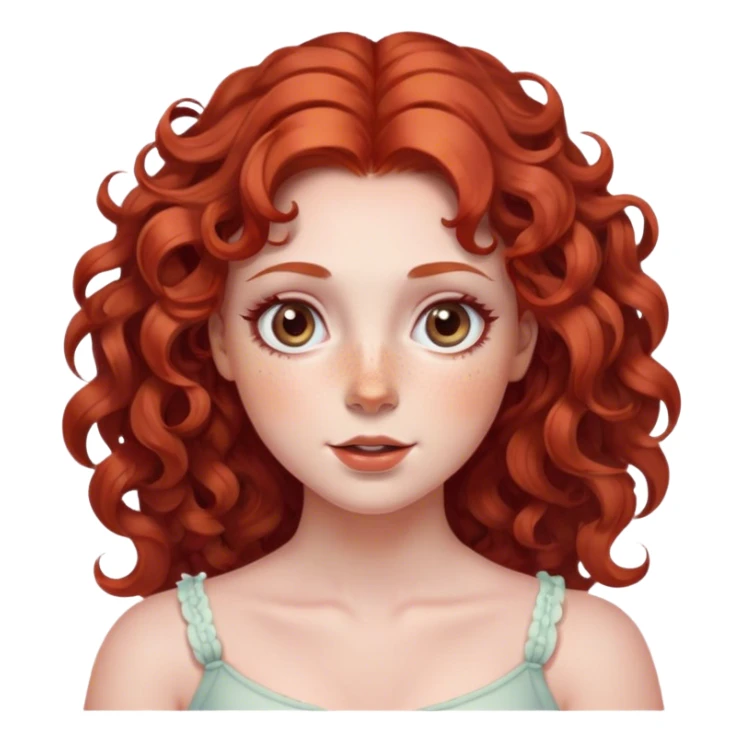 lady with Soft, round face, rosy cheeks, wide expressive eyes, wavy red hair, ringlets, Fair skin, freckles, sticker