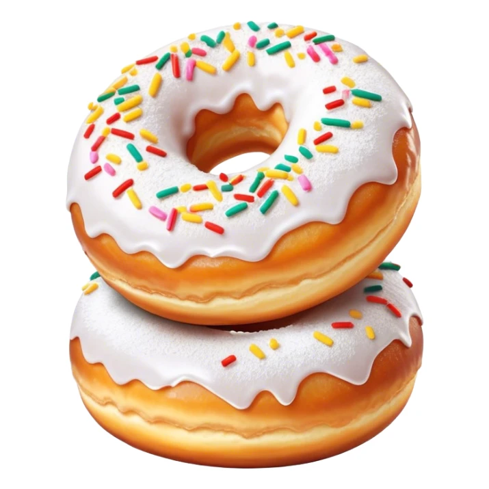 Cinematic fluffy donuts, perfectly golden and dusted with powdered sugar, vibrant icing with sprinkles, stacked in a playful arrangement, soft glowing highlights, warm and inviting. sticker