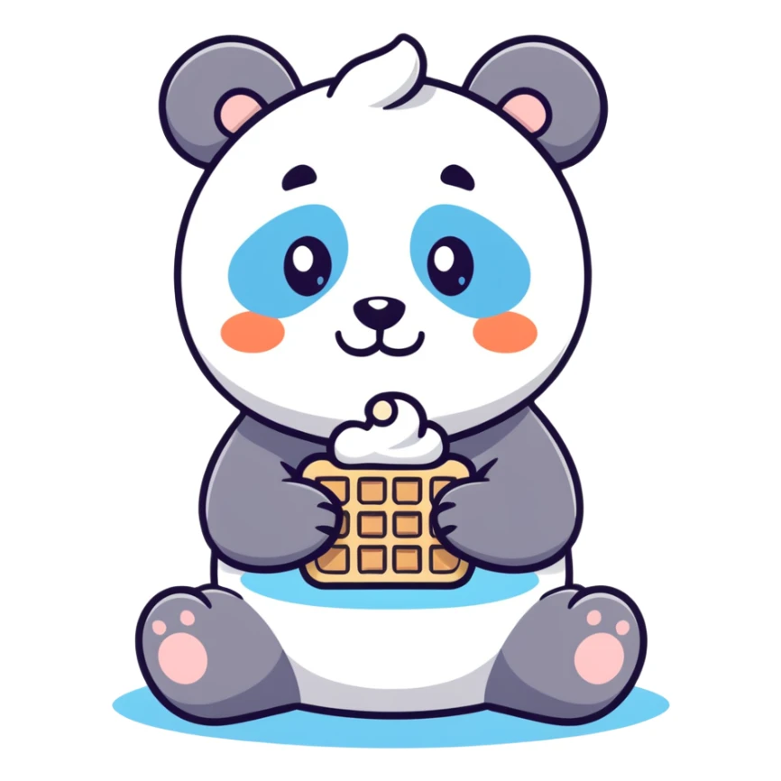panda eating a waffle with whipped cream on its nose ant having blue eyes  sticker