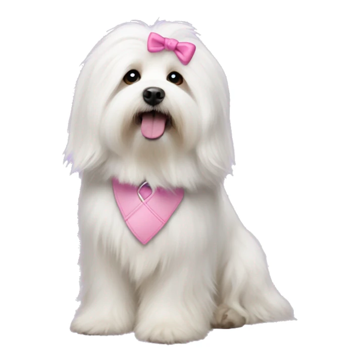 Long haired Coton de Tulear dog with pink harness and pink hair bow sticker