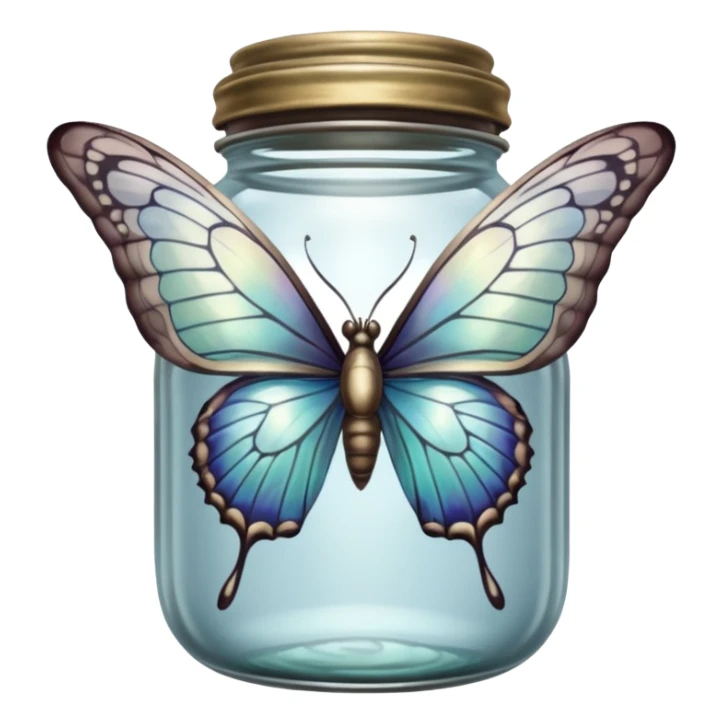 A silver butterfly traped in an old jar sticker