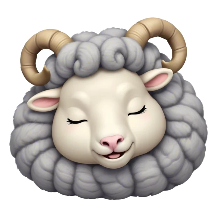 Meme-Worthy Cute Sleeping Ram Portrait Emoji, Head resting peacefully with a contented smile, showcasing a robust build and a luxuriously soft woolly grey fur with gently curled horns, eyes shut in a serene, restful nap, Simplified yet hilariously adorable features, highly detailed, glowing with a soft, drowsy light, high shine, relaxed and utterly lovable, stylized with an air of playful laziness, bright and heartwarming, soft glowing outline, capturing the essence of a comically sleepy ram, so meme-worthy it feels like it could instantly become the next viral sensation of adorable slumber! sticker