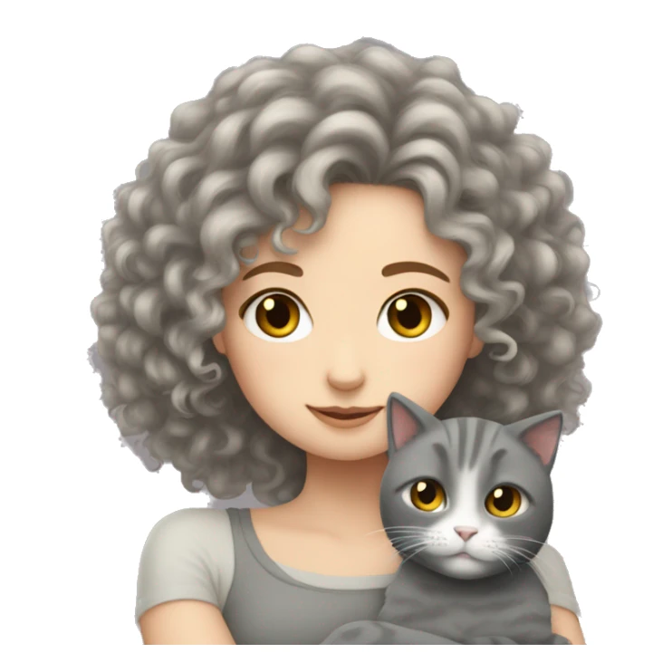 White Girl curly hair cuddling with grey cat sticker