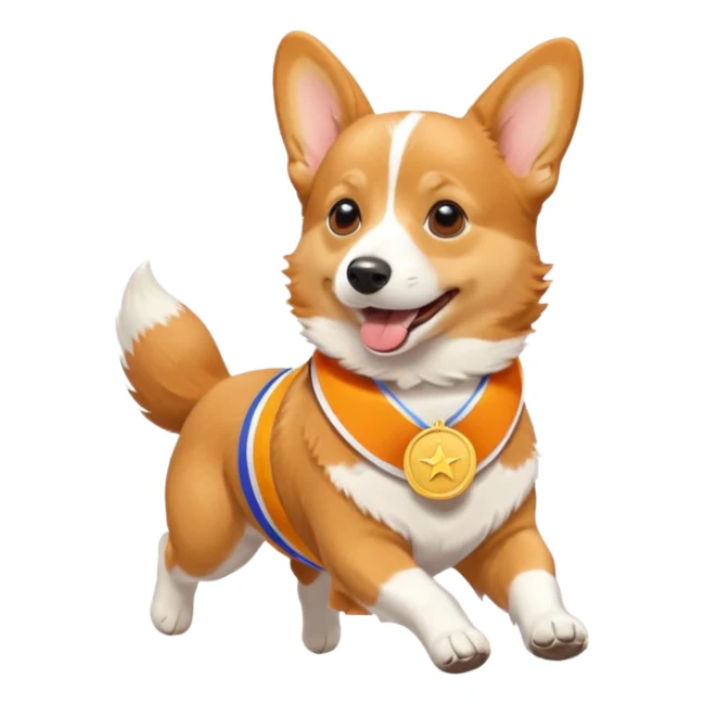 a corgi picking running a marathon with gold medal sticker