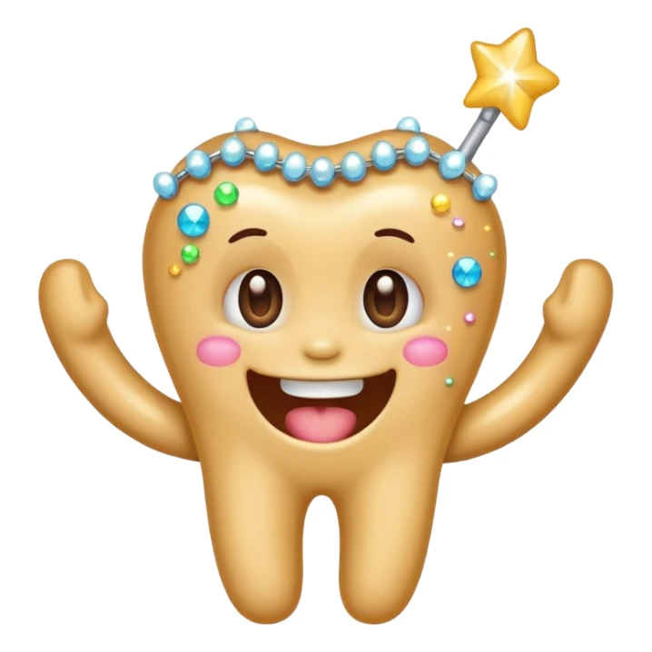 cute molar with braces and sparkles, happy emoji style sticker