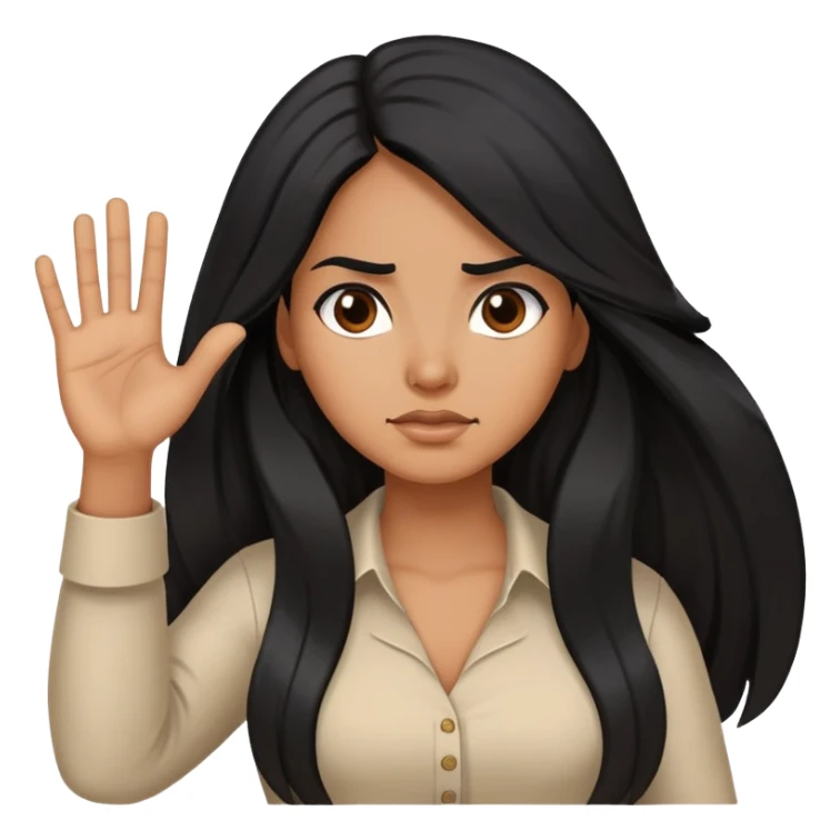 Hispanic woman with long hair, determined, one hand out motioning “no” sticker