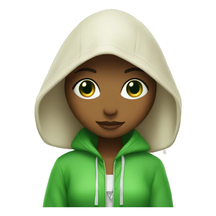 Green eyes girl in hood under palm tree and engagement ring sticker