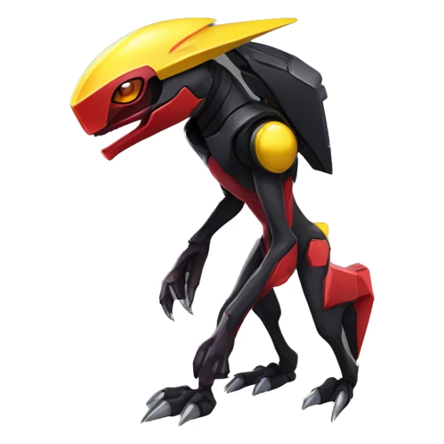 a shiny black-red-yellow Genesect-Raptor-Fakémon—hybrid with a futuristic visor-helmet full body sticker