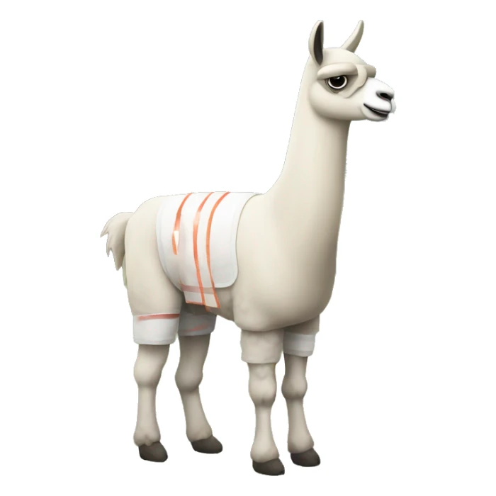 llama standing in a field with a bandage on his leg and a head wound sticker