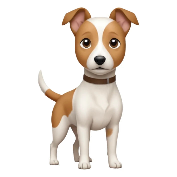 a fully white jack russell the size of a kelpie with floppy ears and a half white face sticker