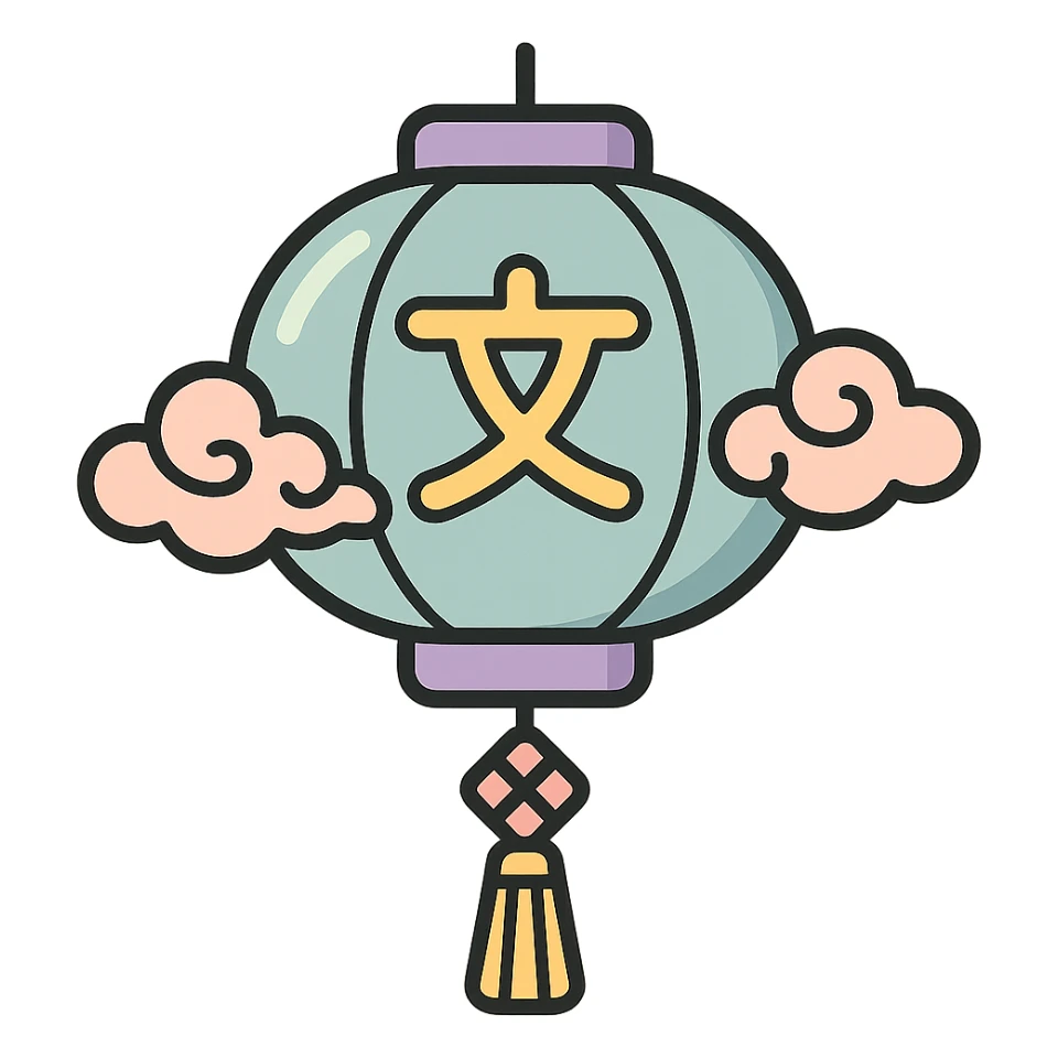 Chinese lantern with Chinese characters, shaped like the third variant (lantern with tassel and clouds), in icon-color-outlined style with thin clean contours, soft rounded shapes, pastel palette #98B5BC, #B5B3C1, #C9A3C9, #E4C0CA, #F7DCD1, #F7C0AA, modern Japanese pop art and sticker aesthetics, detailed shadows and highlights, soft lighting, transparent background. sticker