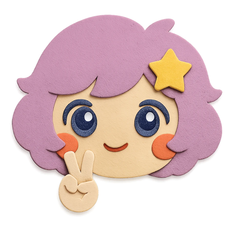 Remove the yellow moon from the hair. Remove the body, keeping only the head and the peace sign hand gesture. Preserve all other features and colors exactly as in the reference image, including the yellow star in the hair, hair color, eye color, blush, and paper craft style. Clean lines, transparent background. sticker