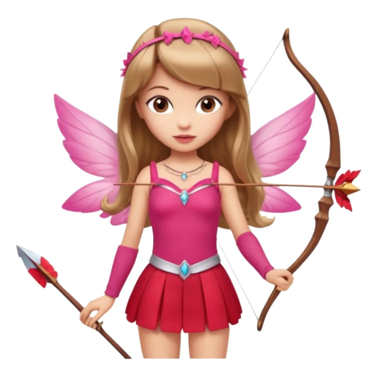 Hada sexy cupido pequeña  de cabello largo lacio castaño claro con flequillo y ojos cafés  vestida de top y falda roja y con arco y flechas cabello lacio labios rosas tipo Barbie pero en hada cupido sticker