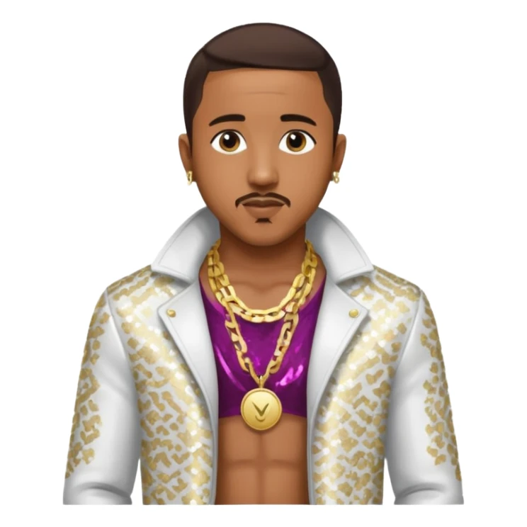 Marques Houston with dark brown hair, white sequin jacket, shirtless with necklace sticker