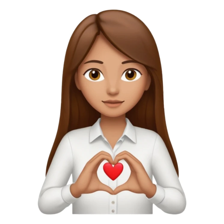Mujer trigueña cabello largo lacio castaño haciendo un corazon con sus manos y tenga una camisa blanca sticker