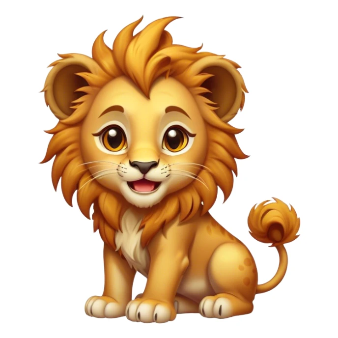 Cinematic Comical Lion Cub Portrait Emoji, Head tilted dramatically with an exaggeratedly amused expression, featuring a striking tawny Fur with a flamboyant mane and wide, expressive amber eyes filled with playful disbelief, Simplified yet hilariously expressive features, highly detailed, glowing with a slightly sassy glow, high shine, dramatic yet playful, stylized with an air of cheeky jungle mischief, bright and endearing, soft glowing outline, capturing the essence of a spirited and over-the-top Lion Cub, so meme-worthy it feels like it could roar its way into internet fame instantly! sticker