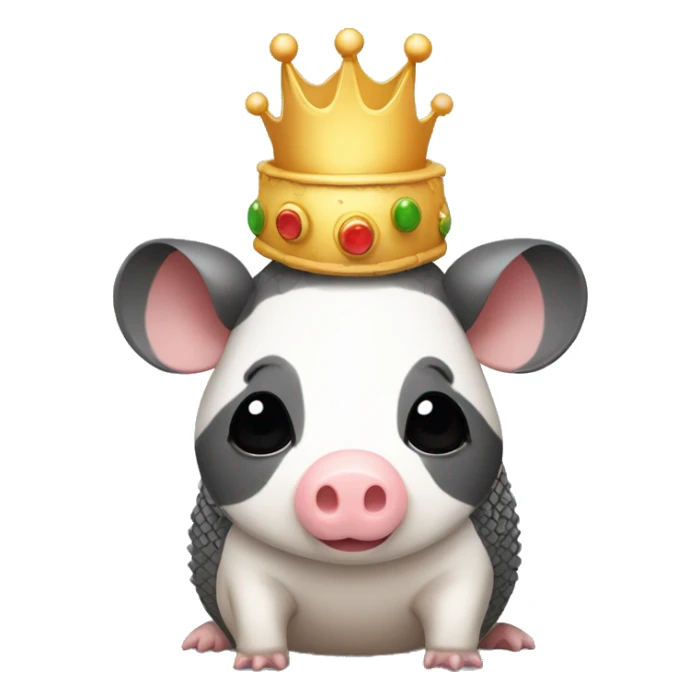 Black and white piebald chubby round armadillo pig panda centipede armadillo wearing a crown sticker