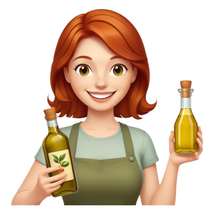 redhead woman with big smile holding olive oil bottle sticker