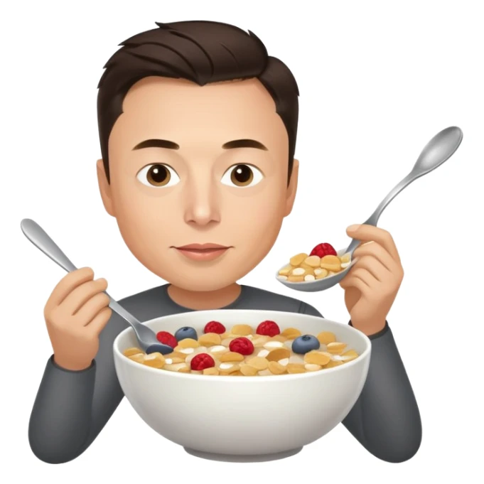 Elon Musk eating a bowl of cereal, man with short dark hair eating cereal from a bowl with a spoon sticker