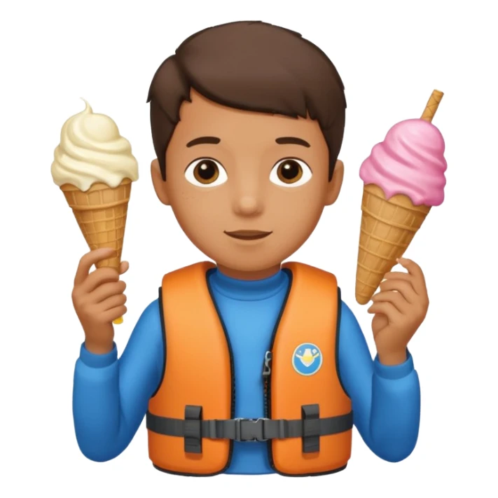 boy kid wearing lifejacket, holding ice cream sticker