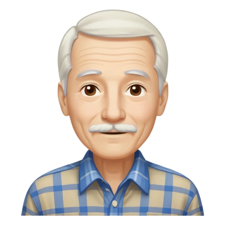Elderly thin man with light skin. Elongated face with kind smile. Long straight white hair reaching down to chest, with some bangs. Light brown eyes. Thin eyebrows. White goatee and mustache. Very slim build. Wearing a blue and beige plaid shirt. sticker