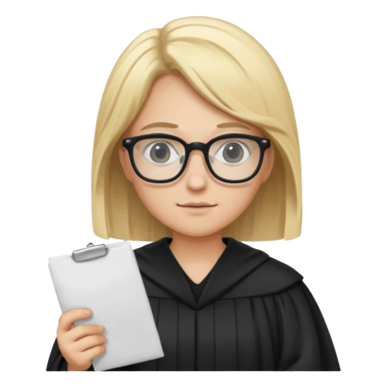 Young judge, blonde hair with glasses and robe, hold a paper sticker