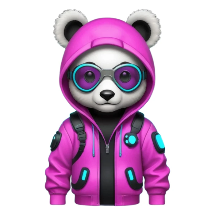 cute cyberpunk panda, neon hoodie, cyber goggles, glowing patterns, futuristic armor details, 3D cartoon, mobile game icon style, clean background, no text, no watermark
 sticker