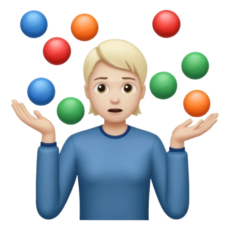 an emoji that depicts a product manager juggling work while mildly panicked and gender neutral sticker