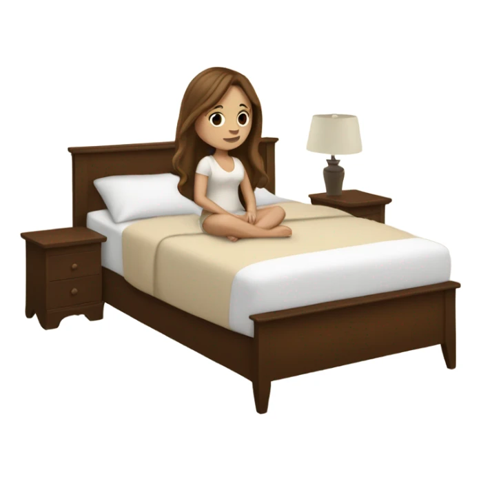 white girl with long brown hair in a bed with beige comforter sticker