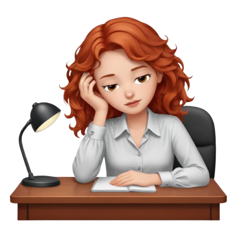 Pretty model, brown eyes, soft red wavy hair, falling asleep at desk sticker