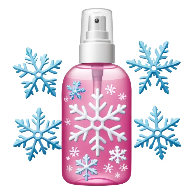 pink body mist bottle with white snowflakes sticker