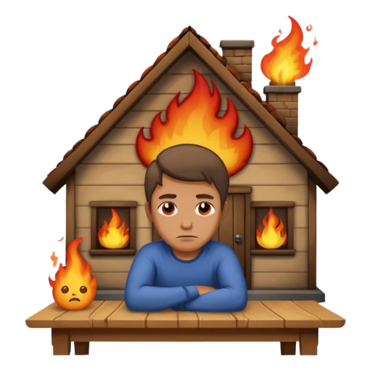 a man sits sadly at a table, a house with dramatic flames and smoke behind him, apple style emoji sticker
