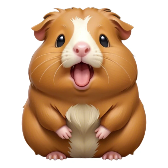 Cinematic Cute Yawning Brown Guinea Pig Portrait Emoji, Head tilted slightly with a dramatic, wide-open yawn, revealing a soft brown coat and tiny, droopy ears, round dark eyes barely open in drowsy contentment, Simplified yet irresistibly adorable features, highly detailed, glowing with a soft, cozy glow, high shine, relaxed yet expressive, stylized with a touch of whimsy, bright and endearing, soft glowing outline, capturing the essence of a sleepy yet affectionate guinea pig, so drowsy it feels like it could stretch out of the screen and curl up for a nap! sticker