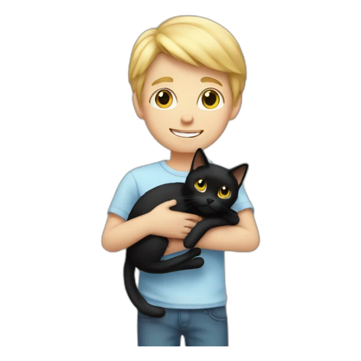 Boy with blonde hair holding a black cat sticker