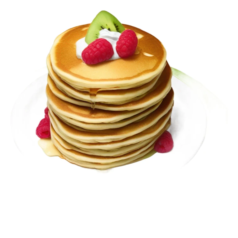 three pancakes with sour cream on top, raspberry jam and kiwi slices in a white plate sticker
