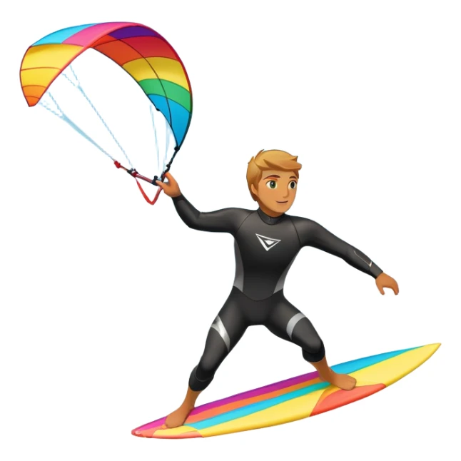 the sun shining and the ocean's waves splashing around. A kite surfer gliding across the ocean, with a colorful kite soaring high in the sky and the surfer carving through the waves. The scene captures the energy and freedom of the sport sticker