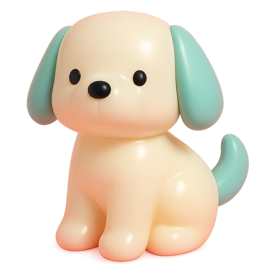               Transform {subject} into a soft vinyl figure with a smooth, glossy surface. The material should look slightly rubbery and tactile, with minimalistic curves and a matte-gloss hybrid finish. Use pastel or soft solid colors. The surface is seamless, with no visible textures or roughness. Studio lighting, vibrant background, clean, playful, designer toy aesthetic and no shadows. {subject} = dog sticker