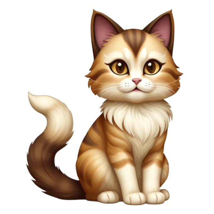 cinematic-[showshoe cat]-realistic-full-body-sitting-emoji,-tail-curled-playfully-around-its-paws,-head-tilted-dramatically,-fluffy-[brown mask]-fur,-simplified-yet-realistic-focused-features,-highly-detailed,-glowing-with-an-almost-sarcastic-glow sticker