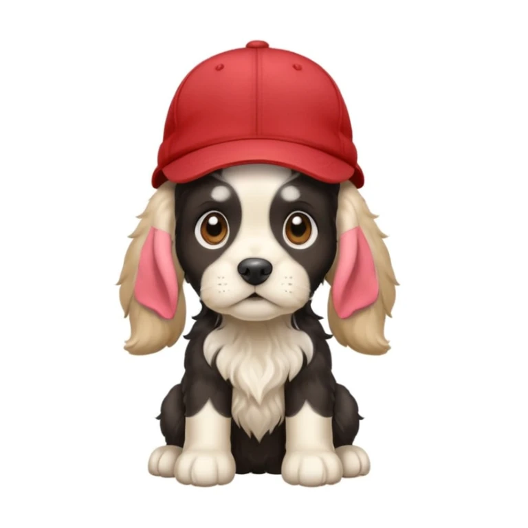 A black and white Russian Cocker Spaniel puppy wearing a cap, facing left sticker