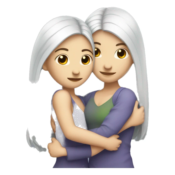 A lesbian couple with white skin and long black hair hugging intimately sticker