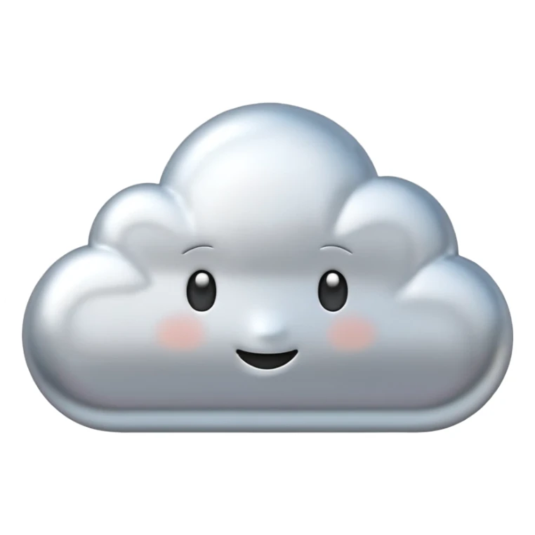 A cute cloud emoji made of silver chrome, smooth rounded shape, glossy metallic surface, soft reflections, minimal and friendly design, iOS emoji style, centered, clean white background, soft lighting sticker