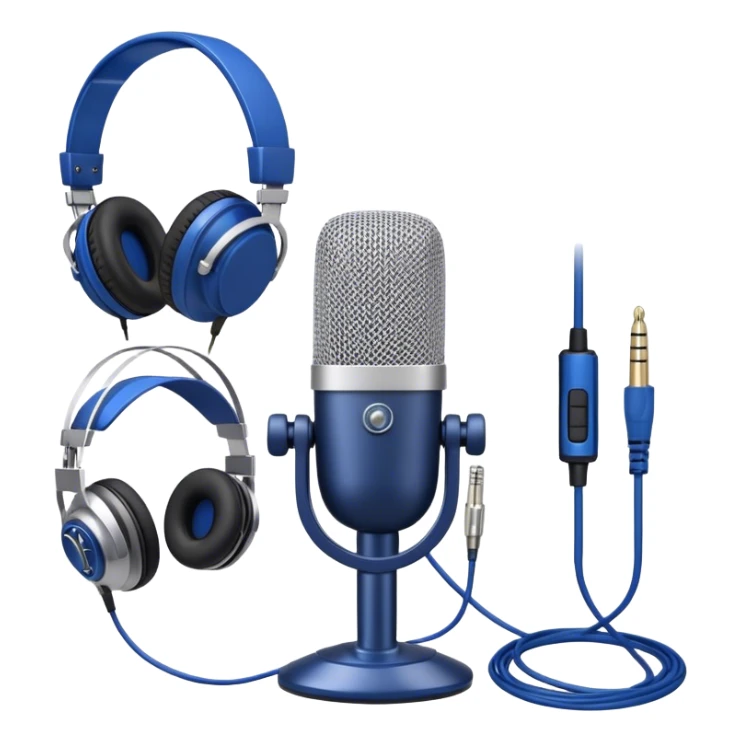 Create a sleek and professional emoji that represents voice acting and dubbing equipment. The design should feature a high-quality microphone, a sound mixer or audio interface, and headphones to symbolize the recording and technical process. Include elements like a soundproof booth or audio cables to reflect the studio environment. Use a modern, clean design with colors like silver, black, and dark blue to represent the professional side of voice acting. The background should be transparent. sticker