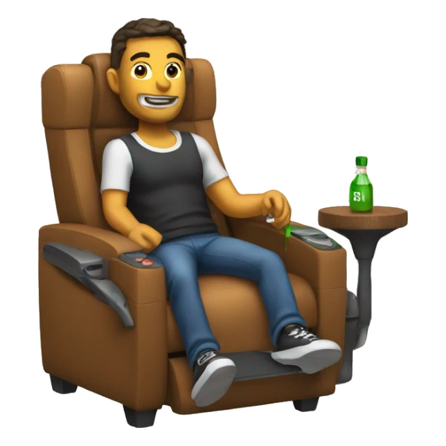 guy in gaming chair with arm rests holding a bottle sticker