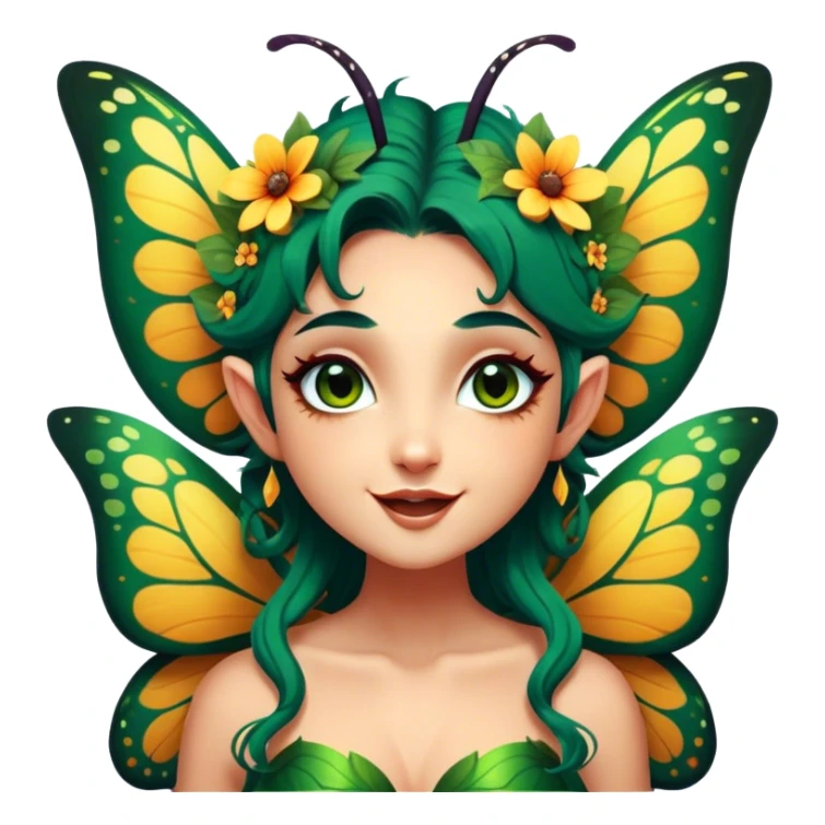 Cinematic Realistic Forest Fairy Portrait, head tilted dramatically with an exaggeratedly amused expression, featuring a striking, nature-infused form with glowing, sun-kissed tanned skin and vividly detailed dark green hair adorned with floral accents. Her expressive eyes brim with playful forest mischief, rendered with vibrant, lifelike textures and dynamic dappled lighting that conveys a spirited, over‐the‐top woodland whimsy showing her large butterfly wings from her back. sticker