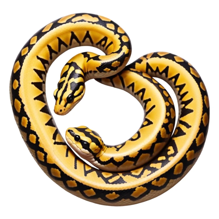 A photo-realistic top-down view of a Ball Python gently coiled into a tight spiral, with its head resting peacefully at the center. Its scales are warm brown with bold, irregular black markings, including the distinctive “alien-head” pattern, flowing smoothly along its body.  sticker