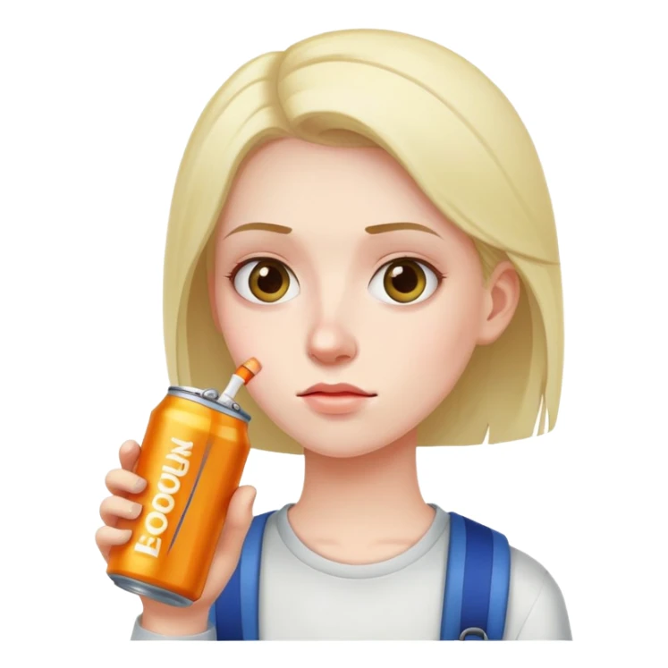 student holding energy drink can, tired face sticker
