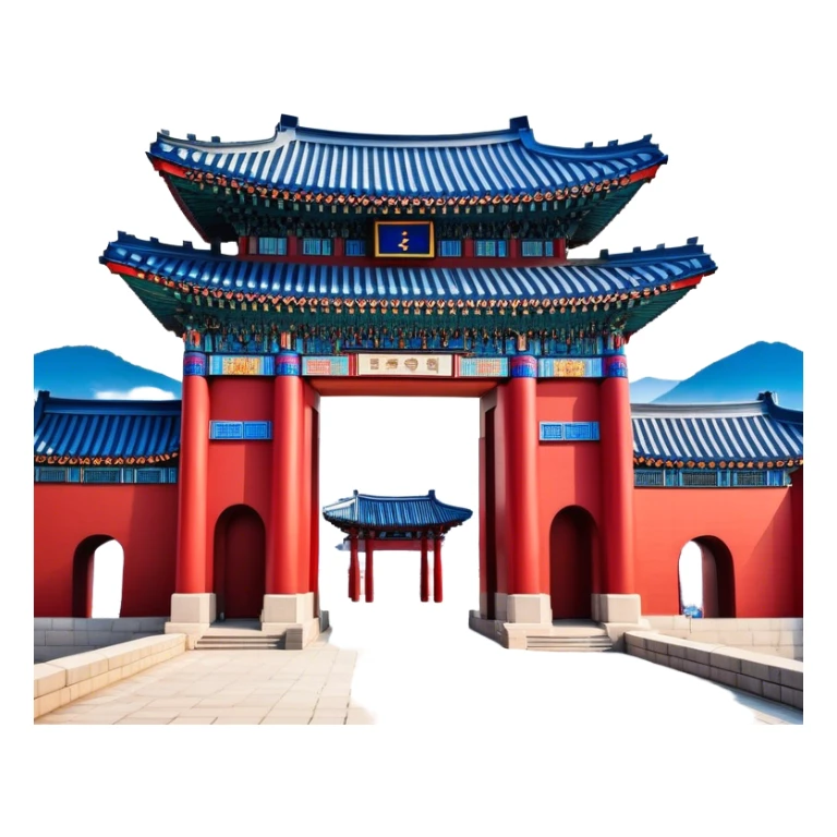​Cinematic Realistic Gwanghwamun Gate, depicted as a majestic historic gateway with traditional Korean architectural details, vibrant red and blue accents, and intricate carvings, set against a backdrop of modern Seoul under dynamic, natural lighting that highlights its timeless grandeur, sticker